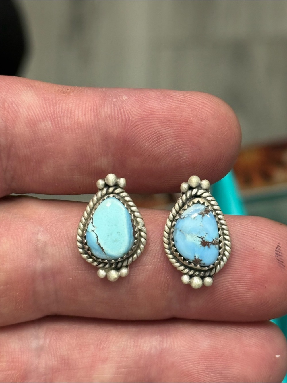 STERLING SILVER GOLDEN HILLS TURQUOISE TWIST BALL BEADED STUD EARRINGS .925 - Picture 11 of 13